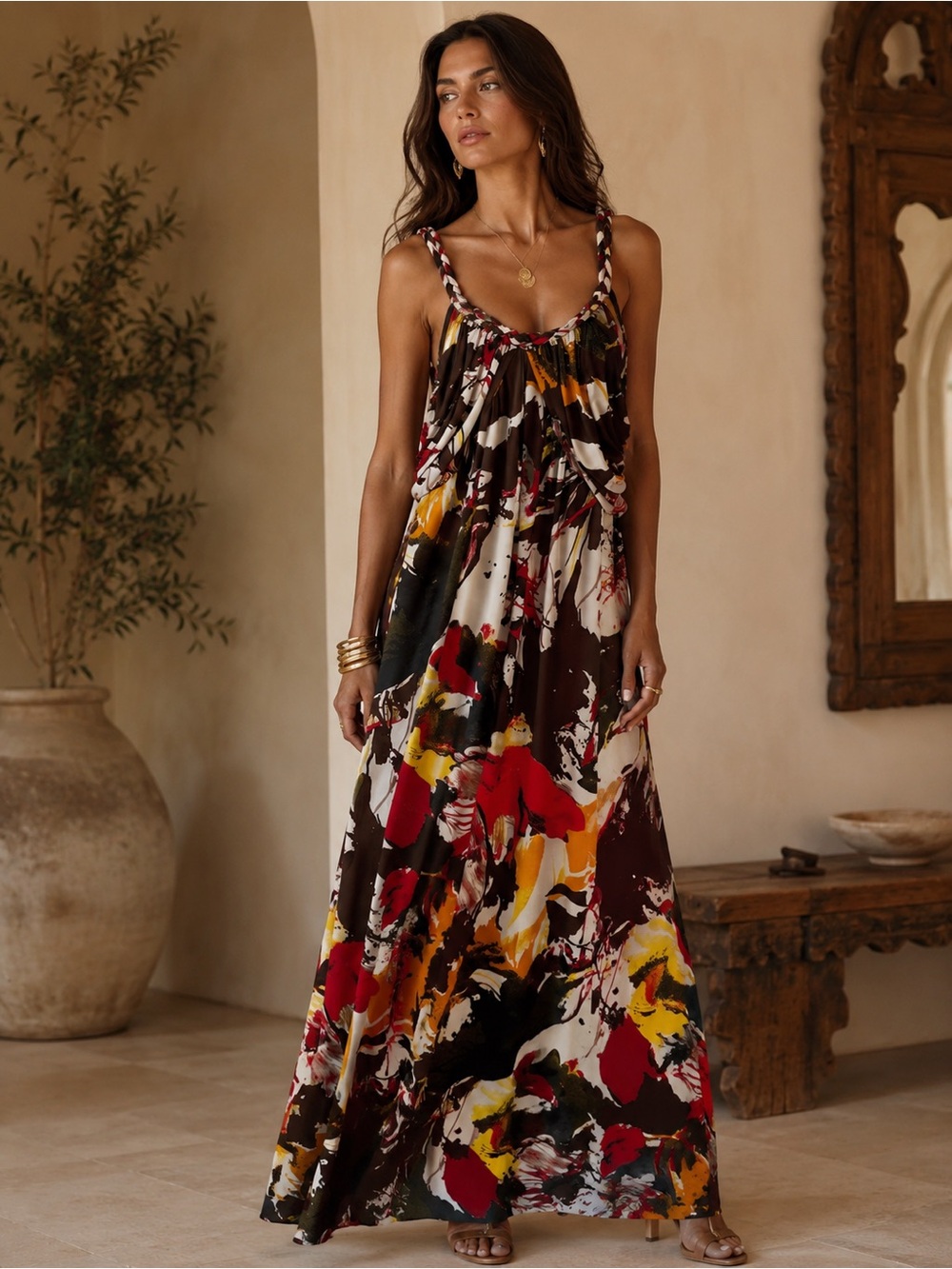 1990s Vintage Hypnotized Braided Strap Abstract Print Maxi Dress